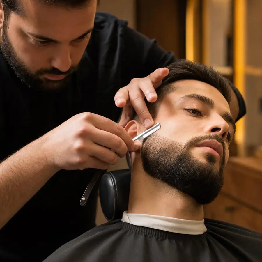 Barbier rasiert mit dem Rasiermesser die Bartkontur an der Wange eines sitzenden Kunden und sieht dabei auf die Linie