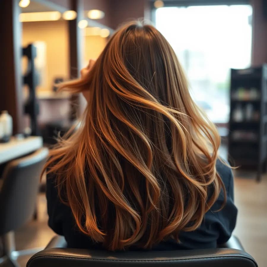 Haare werden im Salonstuhl geföhnt, von hinten fotografiert