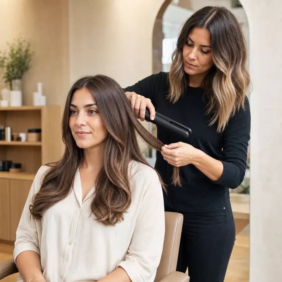 Friseurin glättet mit dem Glätteisen eine Haarsträhne der sitzenden Kundin und sieht dabei auf die Strähne