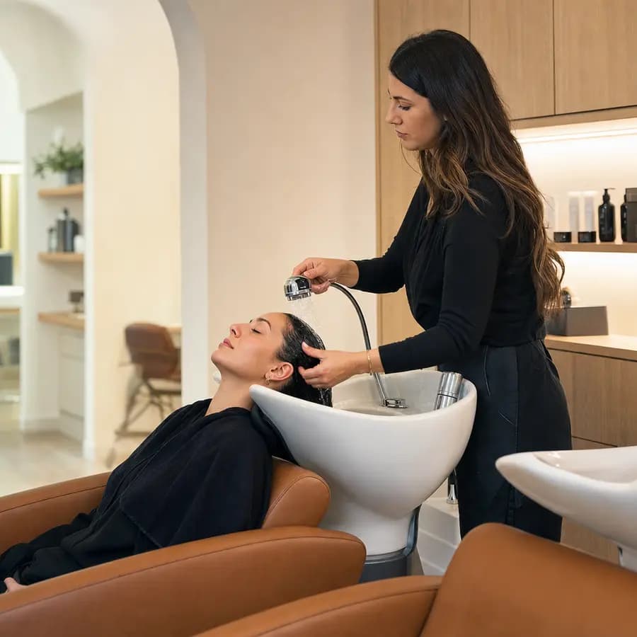 Friseurin spült am Waschbecken das Haar einer zurückgelehnten Kundin aus