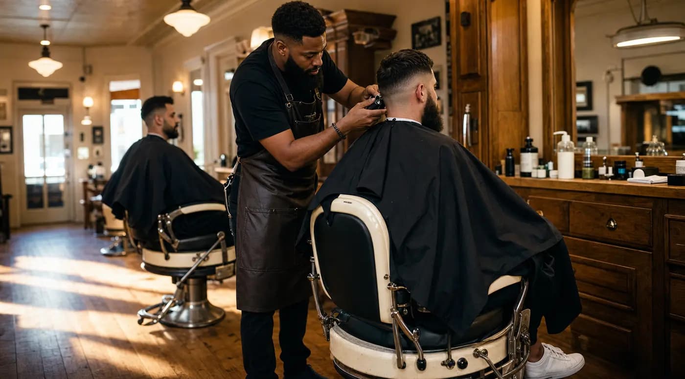 Blick in den Barbierladen: ein Barbier arbeitet am Nacken eines sitzenden Kunden, im Hintergrund ein zweiter Platz