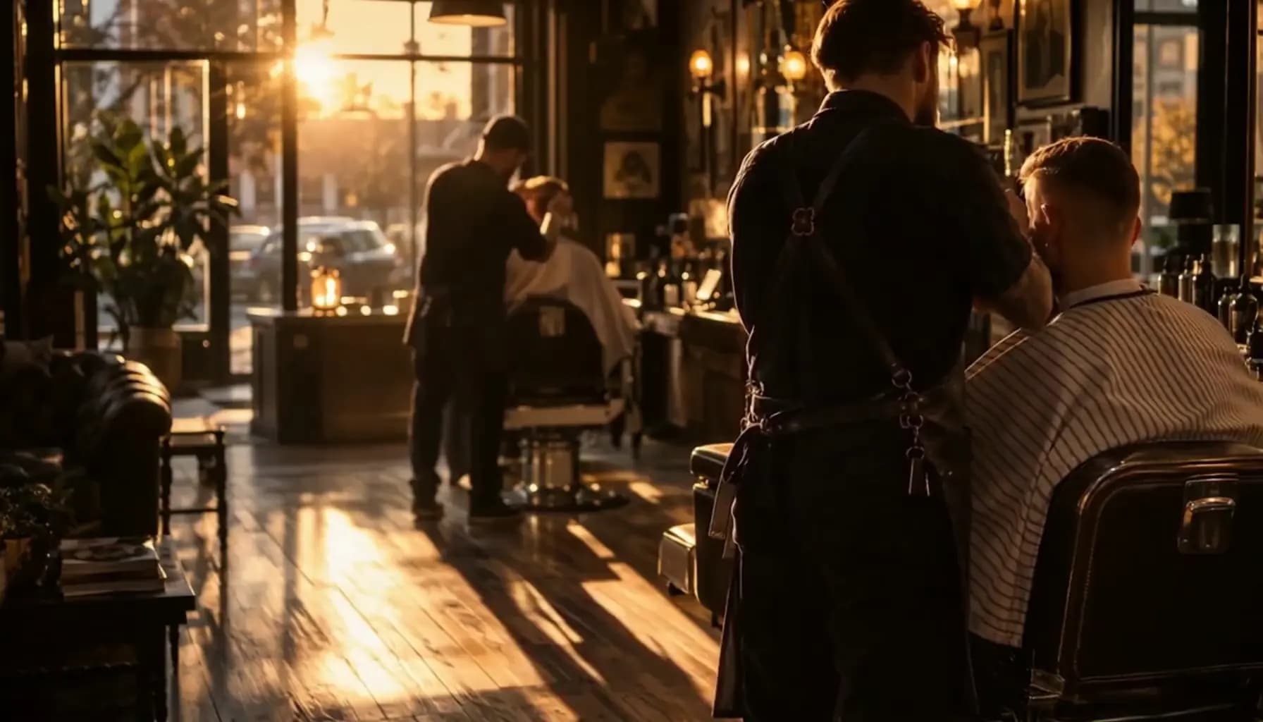 Blick durch den Salon von Luxe Leck im Abendlicht: ein Barbier arbeitet im Vordergrund, ein zweiter weiter hinten, tiefe Sonne fällt durch das Schaufenster