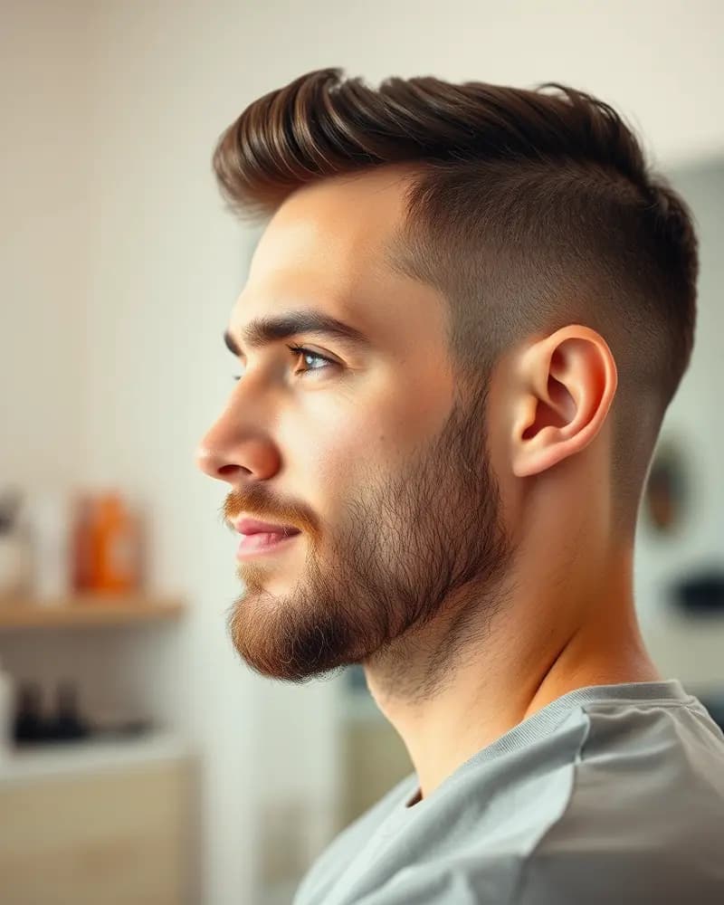 Profil eines Mannes mit kurz getrimmtem Bart und klarer Wangenlinie