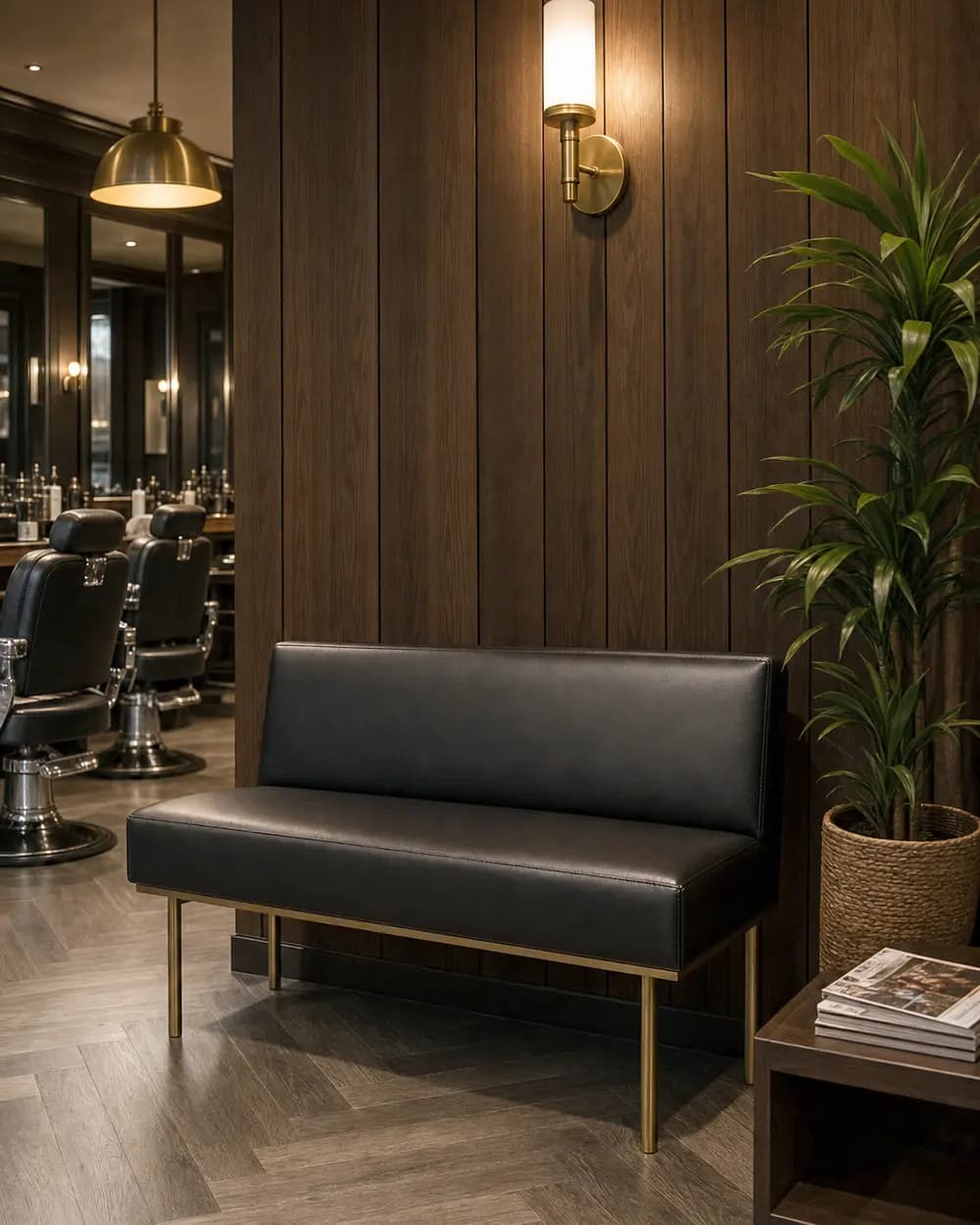 Wartebereich im Salon: schwarze Lederbank auf Messingfüßen an dunkler Holzwand, dahinter die Barbierstühle vor der Spiegelstation